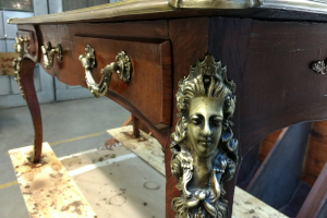 Antique Desk, Louis 15th french desk restoration, ormolu restoration, veneer repair, furniture conservation, furniture repair